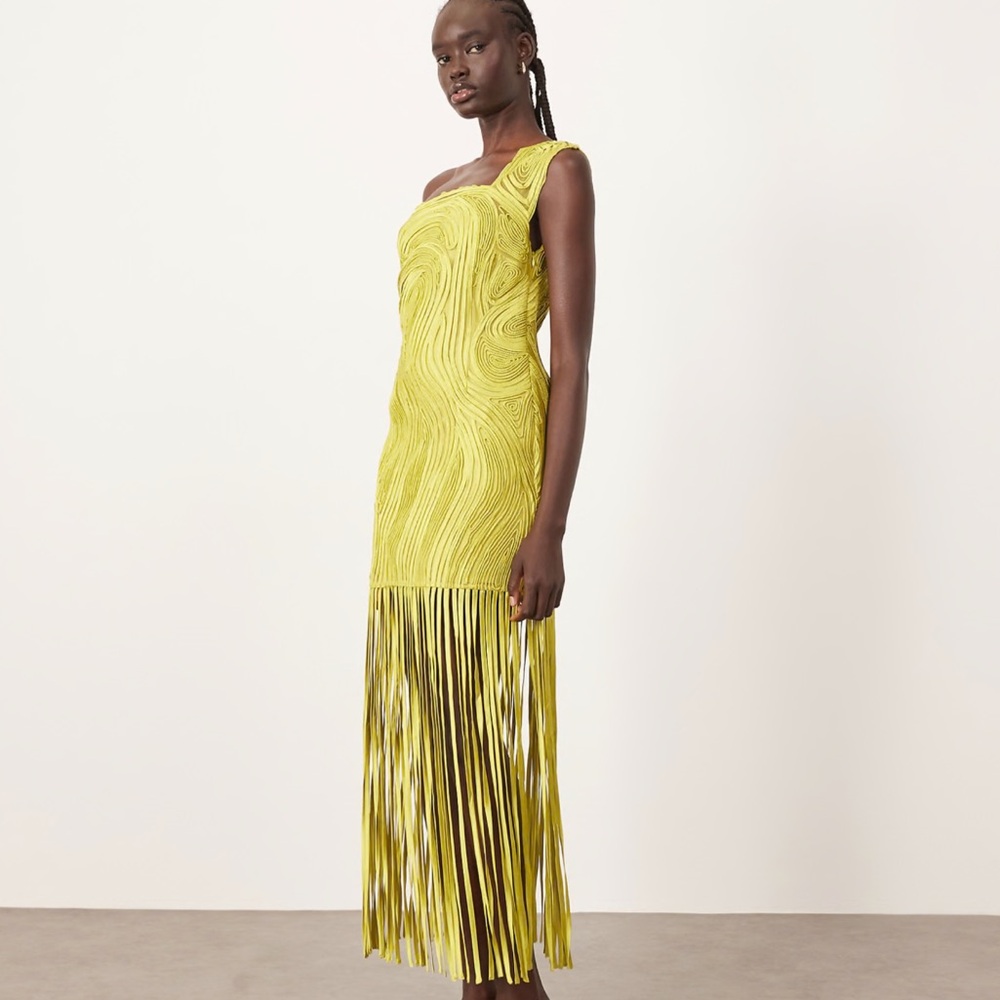 ARRANGE by ASOS asymmetric tape work fringe hem mini dress in lime green